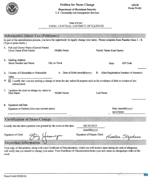 Download USA Citizenship and immigration services name change certificate Photoshop template